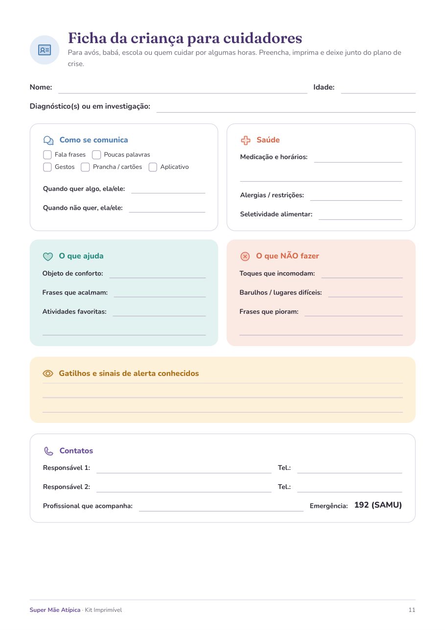 Ficha da criança para cuidadores